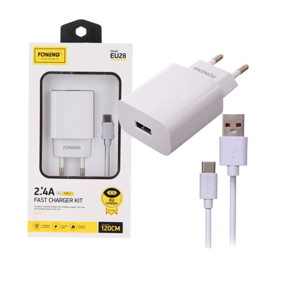 Adaptador Carregador de Parede USB Rápido Foneng EU28 com Cabo Tipo C 2,4A Branco